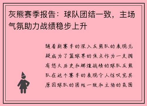 灰熊赛季报告：球队团结一致，主场气氛助力战绩稳步上升