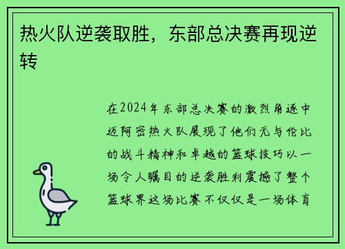 热火队逆袭取胜，东部总决赛再现逆转