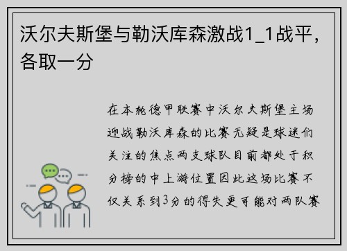 沃尔夫斯堡与勒沃库森激战1_1战平，各取一分